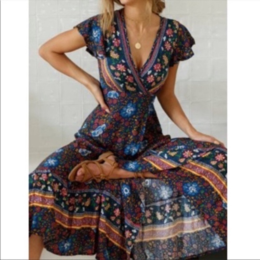 Bohemian Navy Blue Floral Tribal Midi Wrap Dress - Picture 2 of 7